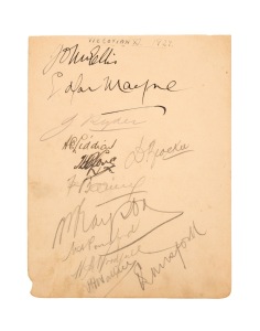 A 1927 VICTORIAN SHEFFIELD SHIELD TEAM: original signatures on a large-format autograph book page, including Woodfull, Ponsford, Ryder, Blackie, Mayne, Ellis, Wallace and five more. In 1927-28, Victorian cricketer Bill Ponsford broke the world record for the highest individual first-class cricket score by hitting 437 runs against Queensland. Victoria won the Sheffield Shield.