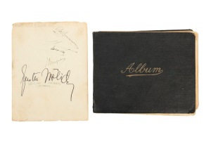 AUTOGRAPHS: A 1920s - early 1930s autograph book from which a few pages have been removed. The remaining pages feature the original autographs of various Australian swimmers, Australian and French tennis players, Andrew Charlton (swimmer), cricketers, etc.