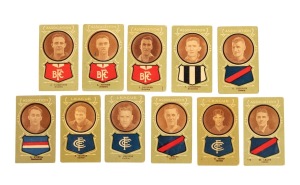 1933 Australian Licorice Larks 'Giant brand League & Association footballers: from BRIGHTON (Joynbin, Parkinson & Poulter); BRUNSWICK (Anderson); CAMBERWELL (O'Neill); CARLTON (Crisp, Johnson & Mackie): and COBURG (Leahy, Mears & Rudolph). (Total: 11); mixed condition.