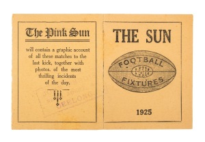 "THE SUN Football Fixtures 1925" tri-fold card with the schedule for League and Association home-and-away games, as well as the dates of the finals in both competitions. Handstamped on the back central panel "JOHN PURDIE / NEWS AGENT / GEELONG". Extremely rare.