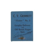C.V. GRIMMETT: Flicker Book No.2 "Googley Delivery and Off Break Finger Spin", by Flicker Productions, Earls Court Road, London, 1930. Signed by Grimmett to the front cover.