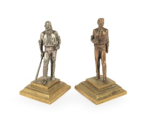 Two early 20th-century bronze statuettes, one depicting W.G. Grace at bat (silvered), the other depicting Charles Bannerman holding a cricket ball; height 14.5cm for both.