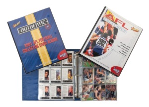 SELECT - FOOTBALL: A collection in pocket pages across three albums, comprising 2000 "Y2K" base set [200] plus 24 insert cards (noted MC1-3 and PC2/16), 2001 "Authentic" base set [200] plus 25 insert cards (noted MC1/2/4/5 and PC2/5/6/7/14), and 2002 "Exclusive" base set [220] plus 22 insert cards (noted MC2/3, PC9-11, and TC1). (691 cards)