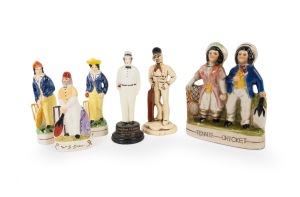 Group of Staffordshire-style ceramic cricketer figurines, comprising W.G. Grace, William Clarke, a tennis-cricket duo, two different batters, and one bowler; the tallest 18cm. (6 items)