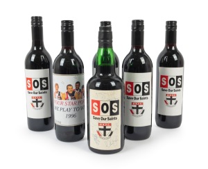 ST KILDA: Group of c. 1996 souvenir commemorative bottles of wine or port from the "Save Our Saints" campaign, one with eight original player signatures on the label. (6 items)