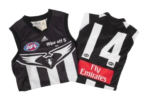 COLLINGWOOD - AWAY GUERNSEYS: Luke Mullin's match-worn #30 2004 sleeveless away (clash) guernsey, TAC and Adidas branding on front, Emirates branding on back, together with Shane Wakelin's #14 2007-08 long-sleeved away guernsey, Adidas and Wizard branding on front, Emirates branding on back. (2 items)
