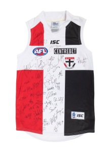 ST. KILDA: A circa 2011 AFL "On-Field Team Gear" guernsey, size L, signed by more than forty members of the Saints' roster, including Sean Dempster, Jarryn Geary, James Gwilt, and others.