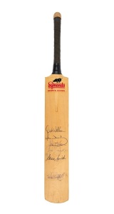 AUSTRALIAN CRICKETERS: A "Symonds Sports Goods" miniature cricket bat, signed by Dirk Wellham, Mike Whitney, John Taylor, Steve Smith, Trevor Chappell, and one other.