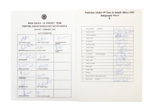1997/98 JUNIOR WORLD CUP, SOUTH AFRICA: fully signed team sheets from PAKISTAN (U-19) including Ahmer Saeed, M. Shakeel, Shoaib Malik and Abdul Razzak); and, INDIA (U-19) including Amit Pagnis, Reetinder Sodhi, Harbhajan Singh and Virendet Sehwag), (2 rar