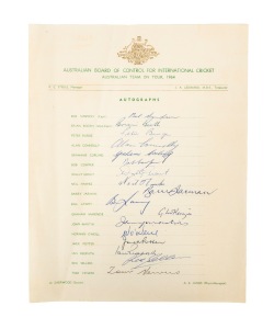 "Australian Team on Tour, 1964" official team sheet, signed by all seventeen players, including Brian Booth, Bill Lawry, Graham McKenzie, Bob Simpson, and Tom Veivers, among others.