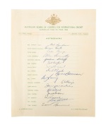 "Australian Team on Tour, 1964" official team sheet, signed by all seventeen players, including Brian Booth, Bill Lawry, Graham McKenzie, Bob Simpson, and Tom Veivers, among others.