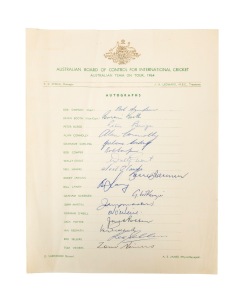 "Australian Team on Tour, 1964" official team sheet, signed by all seventeen players, including Brian Booth, Bill Lawry, Graham McKenzie, Bob Simpson, and Tom Veivers, among others.