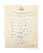 "Australian Team on Tour, 1964" official team sheet, signed by all seventeen players, including Brian Booth, Bill Lawry, Graham McKenzie, Bob Simpson, and Tom Veivers, among others.