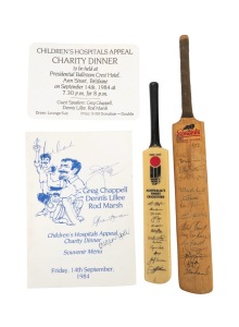 Ticket and programme for the September 14th 1984 Children's Hospital Charity Dinner held in Brisbane, the programme signed by Alan Border, Greg Chappell, Dennis Lillee, and Rod Marsh, together with two miniature cricket bats, one of which signed by a 1980