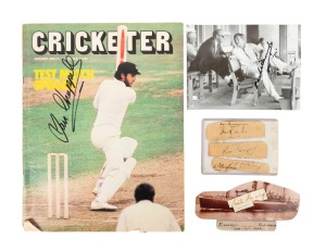 AUTOGRAPHS: Group of signatures on piece or photograph; signatories comprise Don Bradman, Stan McCabe, Ross Gregory, Bert Oldfield, Bill O'Reilly, Ian Chappell, Neil Harvey, and Richie Benaud.