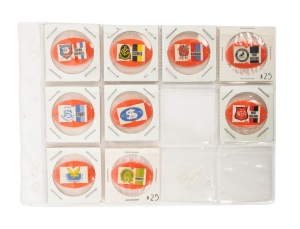 1968-69 Twisties / Milo Football shaped plastic badges for SANFL teams Central Districts, Glenelg, Norwood, Port Adelaide, Sturt, South Adelaide, West Adelaide, West Torrens and Woodville, (9). Rarely seen.