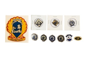 SOUTH ADELAIDE FOOTBALL CLUB: Membership pins and medallions: 1951, 1963, 1968, 1974, 1977, 1979, 1982, 1983 and 1986 (some lacking pins) plus a Shell transfer/decal circa 1962. (10 items).