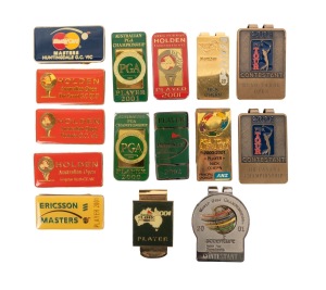 An early-2000s collection of golf tournament money clips, most with "Player" or "Contestant" designations; noted 2000 Australian PGA Championship, 2001 Perth Heineken Classic, and 2001 Greg Norman Holden International. (15 items)