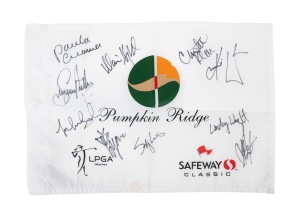 2010 PUMPKIN RIDGE SAFEWAY CLASSIC GOLF TOURNAMENT: A 33.5 x 48cm nylon tournament flag bearing ten player signatures, including those of Paula Creamer, Christie Kerr, Ai Miyazato, Yani Tseng, Michelle Wie, and Lindsey Wright.