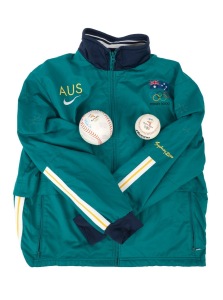A group comprising a Nike Sydney 2000 Australia tracksuit top (size M), a Sydney 2000 softball with twenty signatures including those of Tanya Harding and Sally McCreedy, and a Sydney 2000 Mizuno 150 softball. (3 items)