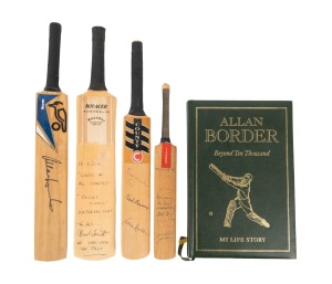 MINIATURE CRICKET BATS: A group of four bats bearing a total of seventeen signatures, including those of Allan Border, Sam Loxton, and Neil Harvey, together with "Beyond Ten Thousand - My Life Story" by Allan Border, 1993 signed leather-bound gilt-edged s