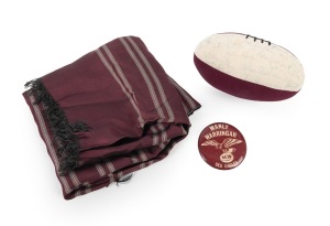 WARRINGAH SEA EAGLES: A group comprising a bandana, a medium-size button badge, and a miniature rugby ball bearing no fewer than thirteen signatures, including those of Peter Peters, Alan Thompson, Bob Fulton, Bill Hamilton, and others. (3 items)