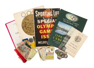 A group of 1956 Melbourne Olympics items, including a car badge, Opening and Closing Ceremony LPs, fourteen Coles swap cards, two silk scarves, Opening Ceremony programme, Football Final and Closing Ceremony programme, and others. (20+ items)