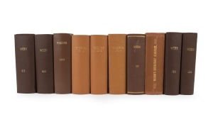 WISDEN CRICKETERS' ALMANACKS: 1920-29 editions attractively rebound intro brown or tan cloth boards with gilt title to spine, all except 1923/27 with front and back wrappers present. (10 items)