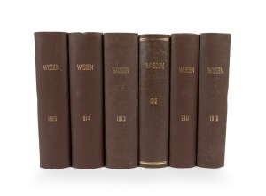 WISDEN CRICKETERS' ALMANACKS: 1910, 1911, 1912, 1913, 1914, and 1915 editions, attractively rebound into brown cloth boards with gilt title to spine, all but 1912 edition with front and back wrappers present. (6 items)