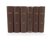 WISDEN CRICKETERS' ALMANACKS: 1910, 1911, 1912, 1913, 1914, and 1915 editions, attractively rebound into brown cloth boards with gilt title to spine, all but 1912 edition with front and back wrappers present. (6 items)