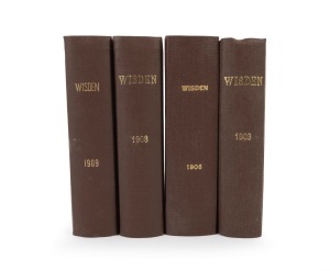 WISDEN CRICKETERS' ALMANACKS: 1903, 1906, 1908, and 1909 editions, attractively rebound into brown cloth boards with gilt title to spine, all with front and back wrappers present. (4 items)
