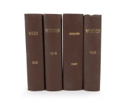 WISDEN CRICKETERS' ALMANACKS: 1903, 1906, 1908, and 1909 editions, attractively rebound into brown cloth boards with gilt title to spine, all with front and back wrappers present. (4 items)