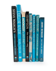 SIGNED CRICKET BOOKS: Group of books published in years spanning the 1980s to the 2000s, all signed by the relevant personality with dedications to Ian McDonald, Australian Team Manager 1986-1998; signatories comprise John Benaud, David Boon, Allan Border