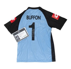 A GIANLUIGI BUFFON SIGNED JUVENTUS JERSEY An official Juventus garment with "lotto" brand patches, attractively signed and endorsed "#1" by the player; accompanied by a Soccer Signings Australia Certificate of Authenticity (#1024415).
