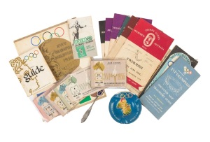An accumulation of 1956 Melbourne Olympics items, including an ashtray, a butter knife, six tickets, some pamphlets/booklets, and six official programmes; mixed condition.
