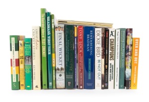 CRICKET BOOKS: A shelf of ten hardcover and fourteen softcover publications, including noted "Great Australian Cricket Stories" by Ken Piesse [Scoresby, 2010, signed by the author], and "Baggy Green" by Bernard Whimpress [Kent Town, 2016, signed by the au