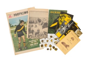 GLENELG FOOTBALL CLUB: An accumulation comprising of membership medallions for 1937, 1951, 1967, 1969, 1970, 1974, 1979, 1983, 1984, 1985 and 1986 (most lack pins); Footballers Club Medallions 1986 and 1988; 1957 Annual Report, souvenir yearbooks for 1968