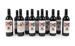 ST KILDA: A group of 1990s souvenir commemorative bottles of wine or port, most from the "Save Our Saints" campaign, one with eight original player signatures on the label, noted Nathan Burke. (11 items)