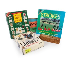 GOLF TABLE GAMES: A group of boxed novelties comprising c. 1950s "Golfette - A Round of Golf Around the Table", c. 1950s "The Campbell Home Driving Range", c. 1990s "Which Golfer Did That?" jigsaw puzzle, 1998 "Links LS" big-box PC game, and 2000 "Strokes - The Golf Game". (5 items)