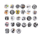 COLLINGWOOD - BUTTON BADGES: A group of c. 1960s-90s button badges; brands present include Ampol, BP, Esso, Golden Fleece, Mobil, and Shell; condition issues. (27 items)