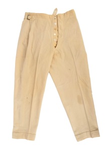 A pair of Clarrie Grimmett's pure wool cricket flannel trousers, circa 1930s, maker unknown; much worn.