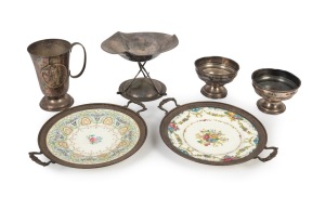 GOLF TROPHIES: A group comprising a sterling silver cup inscribed "Royal Portrush Golf Club - Won by H. Hirsch - 23rd August 1919", a sterling silver cup inscribed likewise but dated "28th July 1921", two Wedgwood plates inscribed "Lakeside Golf Club - Invitation Tournament - 1929 Runner-Up - Sixth Flight/Seventh Flight", together with two others. (6 items)