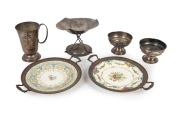 GOLF TROPHIES: A group comprising a sterling silver cup inscribed "Royal Portrush Golf Club - Won by H. Hirsch - 23rd August 1919", a sterling silver cup inscribed likewise but dated "28th July 1921", two Wedgwood plates inscribed "Lakeside Golf Club - In