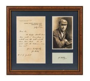J.B. HOBBS, original ALS dated July 1925 on Surrey County Cricket Club letterhead, responding to a cricket enquiry; mounted, framed and glazed together with an original postcard portrait of him and an additional ink signature on piece; overall 30 x 33cm.