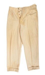 A pair of Clarrie Grimmett's pure wool cricket flannel trousers, circa 1930s, maker unknown; well worn. Provenance: The Clarrie Grimmett Collection; his family, by descent.