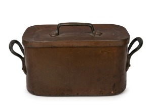 239 · An antique copper scullery pot with lid, stamped "38", 19th century, ​​​​​​​25cm high, 49cm across the handles.