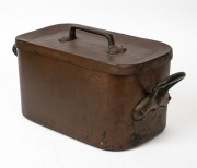 An antique copper scullery pot with lid, stamped "38", 19th century, ​​​​​​​25cm high, 49cm across the handles. - 2