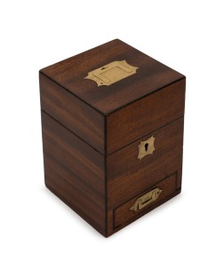 A Georgian mahogany apothecary box with plush red velvet lining and single drawer with brass locking pin, 18th/19th century, 17cm high, 12cm wide, 12cm deep.