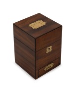 A Georgian mahogany apothecary box with plush red velvet lining and single drawer with brass locking pin, 18th/19th century, ​​​​​​​17cm high, 12cm wide, 12cm deep.