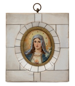 A vintage miniature Madonna hand-painted on ivory with gilt metal mount housed in a piano ivory frame, 20th century, 12 x 11cm overall.